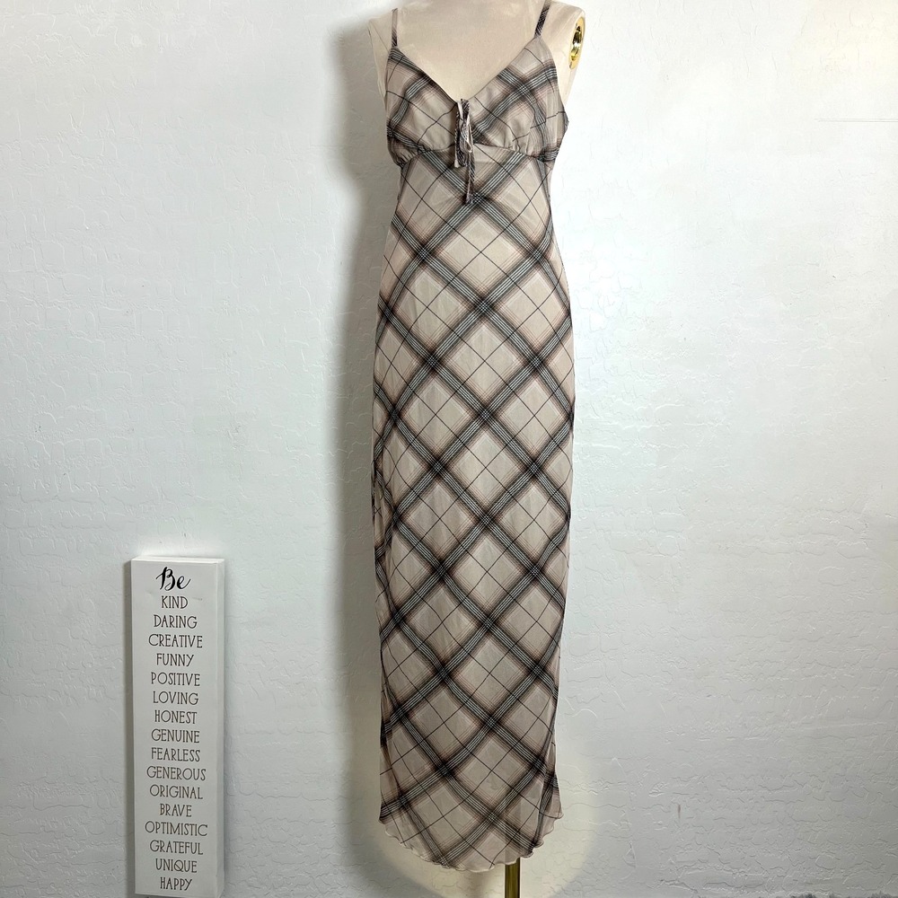No Comment slip brown plaid stretch dress M boho chic western feminine cottage